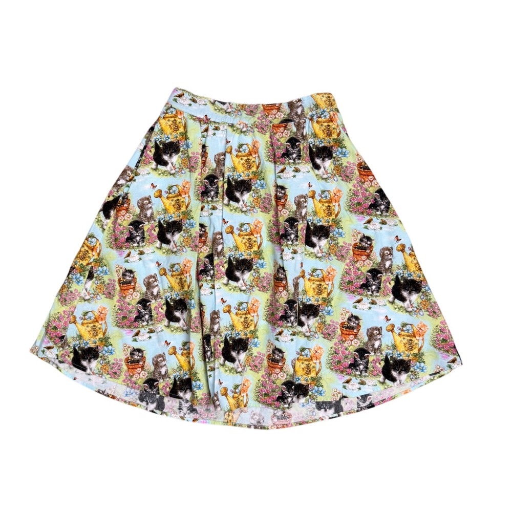 Vintage Style Kitten Print A-Line Midi Skirt Blue Floral Cat Garden Pockets S